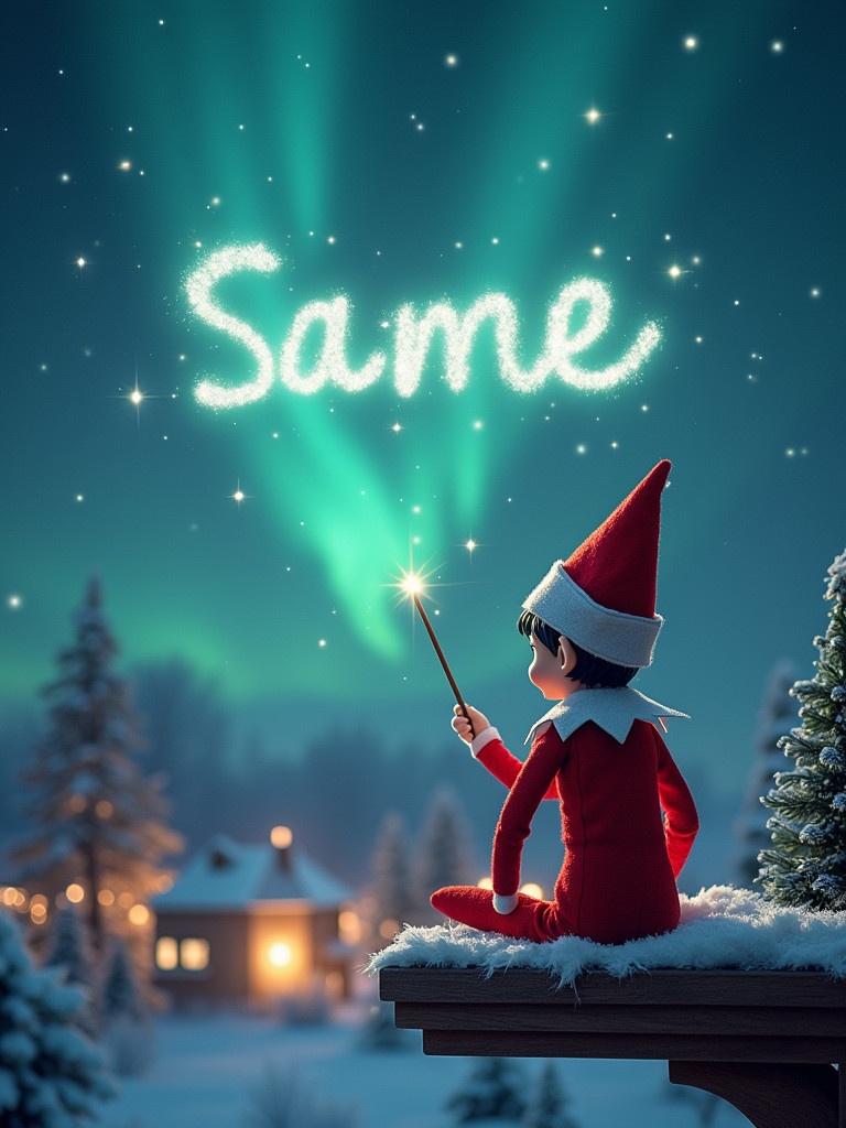 Elf on the shelf sits on a roof facing the sky. Uses a wand to write the word Same among sparkling stars. Magical Christmas scene features northern lights and a cozy house in the background.