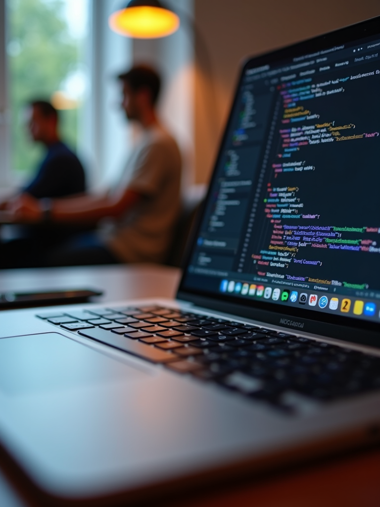 A close-up of a laptop displaying colorful code, with two people working at a desk in the blurred background.