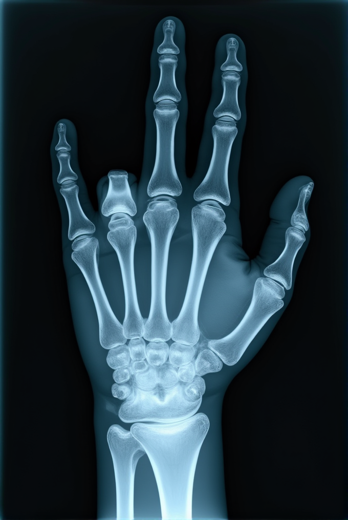 An X-ray image showing the detailed bones of a human hand against a dark background.