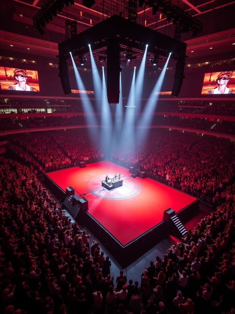 Aerial view of Travis Scott concert at Madison Square Garden. 360 concert stage with T stage design. Large crowd attending the event. Dynamic lighting illuminating the stage. Dramatic atmosphere filled with excitement and energy.