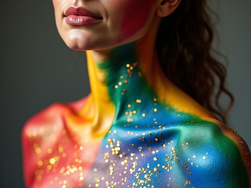 The image features a close-up of a woman's neck and shoulders adorned with vibrant body paint in a spectrum of colors including red, yellow, green, and blue. Golden flecks are scattered across the painted area, adding a sparkly texture. The woman's face, partially visible, is focused on her lips which are painted in a soft pink shade, creating a contrast against the colorful background.