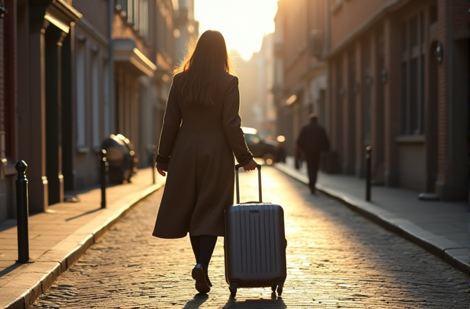 A person walks along a cobblestone street with a suitcase at sunrise, casting a long shadow.