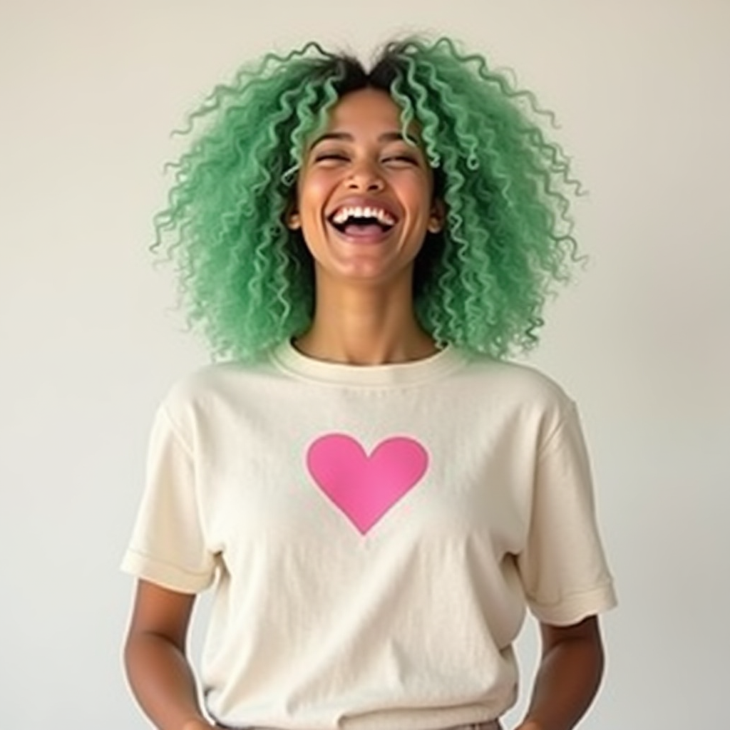 The image features a person with bright green, curly hair laughing joyfully. They are wearing a light-colored t-shirt adorned with a prominent pink heart on the chest. The background is simple and uncluttered, emphasizing the person's expression and colorful hairstyle. The overall mood of the image is one of happiness and exuberance.