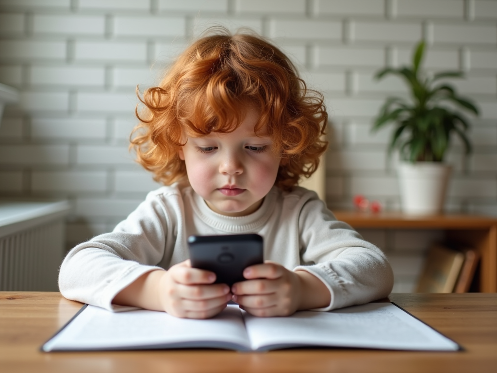 A child with curly red hair intently looks at a smartphone while sitting at a table with an open book, set against a background of a brick wall and a potted plant.