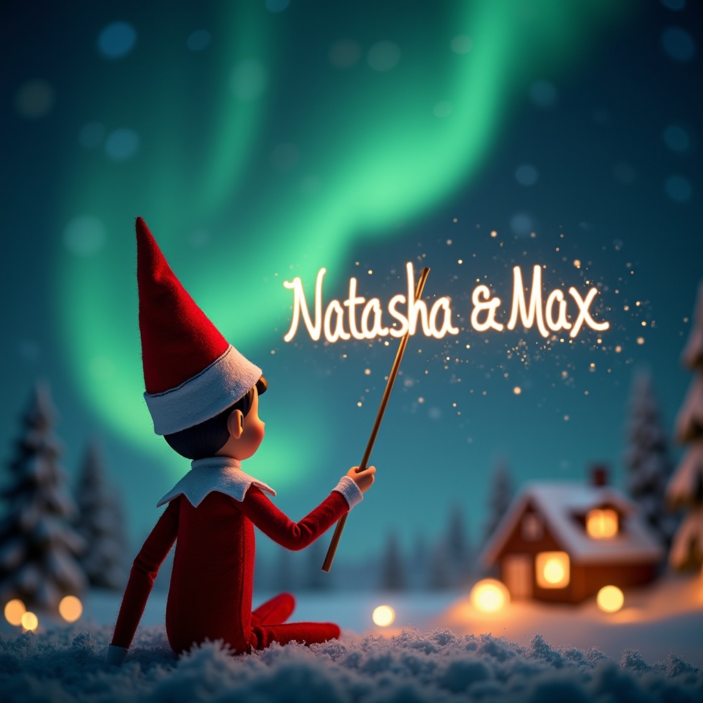 An enchanting scene featuring an elf on the shelf sitting in a snowy landscape, with its back to the viewer. The elf is gazing upwards, holding a wand that sparkles with magic. It gracefully writes the names 'Natasha' and 'Max' in the sky. The background showcases a cozy Christmas house illuminated with warm lights, nestled under the vibrant northern lights. Snowflakes fall gently, adding to the magical atmosphere. This scene embodies the spirit of Christmas, full of wonder and joy.