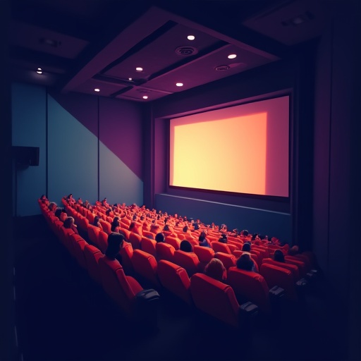 A cinema interior showing a large screen in front with dim lighting. Rows of red seats are filled with people watching the screen. The atmosphere feels engaging and immersive.