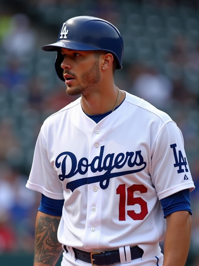 Baseball player wears Los Angeles Dodgers uniform. The player stands on the field. The uniform features Dodgers logo. The scene captures athletic action. Bright colors and natural light emphasize the uniform.