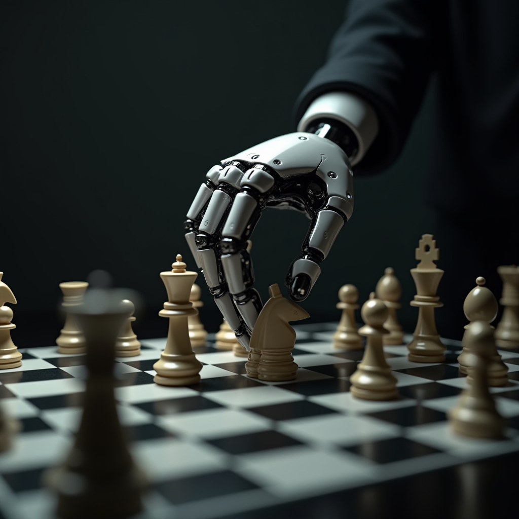 A robotic hand strategically moves a chess piece on a chessboard.