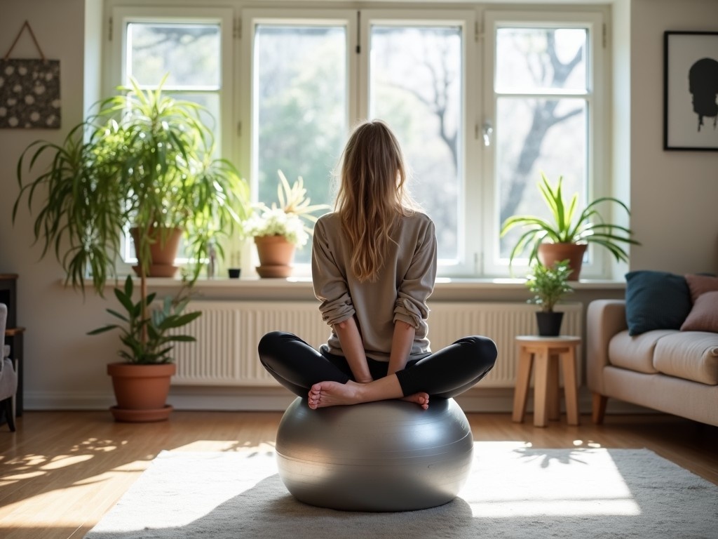 A cute young Danish woman is peacefully sitting on a silver yoga ball in a sunny living room. The room is filled with various green plants that add a sense of tranquility. Light flows through large windows, illuminating the cozy space. She sits with her legs crossed and hands behind her back, reflecting a moment of calmness and self-care. The decor includes comfortable furniture and artistic touches that create a welcoming atmosphere.