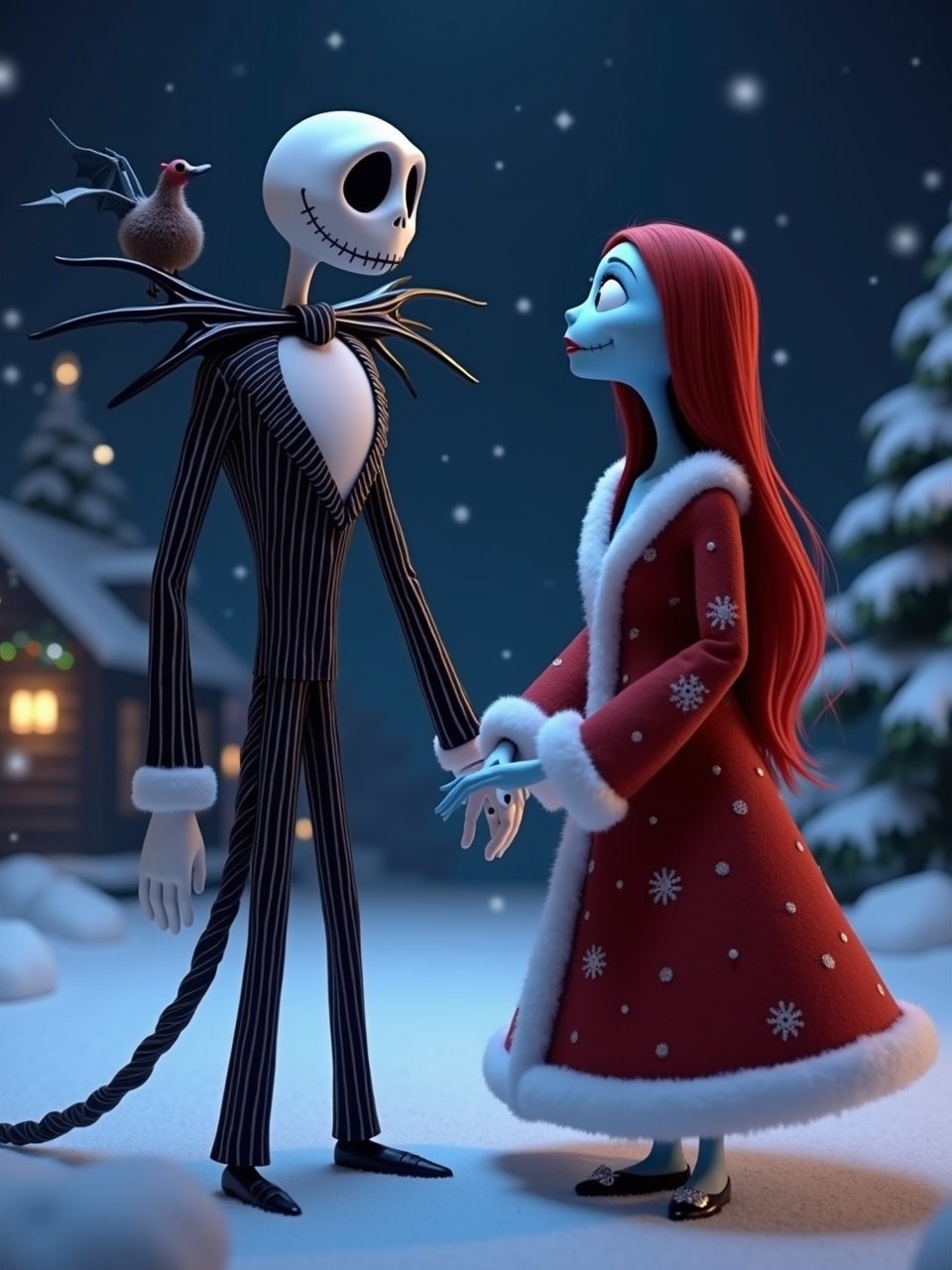 Jack Skellington and Sally in a snowy landscape. Jack wears a Santa suit. A bat bird sits on his shoulder. Sally wears a Christmas dress. They are holding hands and looking at each other with love. Background features snow and festive decorations under a clear night sky.