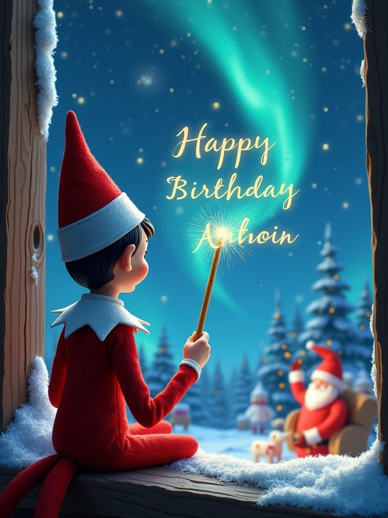 A joyful elf on the shelf sits facing the sky with a magical wand. The elf writes 'Happy Birthday Anthony' in sparkly letters in the night sky. Background shows a snowy landscape filled with Christmas trees. Northern lights illuminate the scene. Santa Claus is visible in the background, adding to the festive atmosphere.