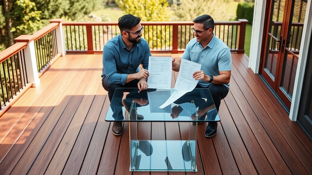 Two individuals sit on a polished wooden deck, engaged in a conversation while holding documents. The sun casts warm light across the scene, emphasizing a modern outdoor setting with a glass table at the center. Their expressions suggest a positive and professional interaction, signifying a business agreement or decision.