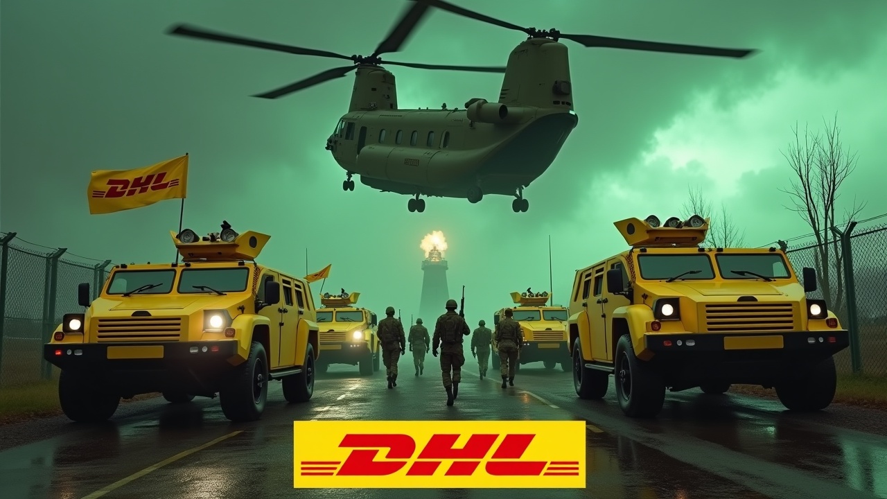 In a dramatic scene, several yellow armored vehicles drive up to a fence. The vehicles are prominently displaying the DHL logo. Nearby, soldiers are seen marching in formation, some holding rifles. One soldier stands out, proudly holding a flag with the DHL emblem. A nuclear power plant looms in the background under an eerie green sky. Above, a large Chinook helicopter adorned with the DHL logo adds intensity to the scene. At the bottom of the image, the bold yellow DHL logo is prominently displayed.