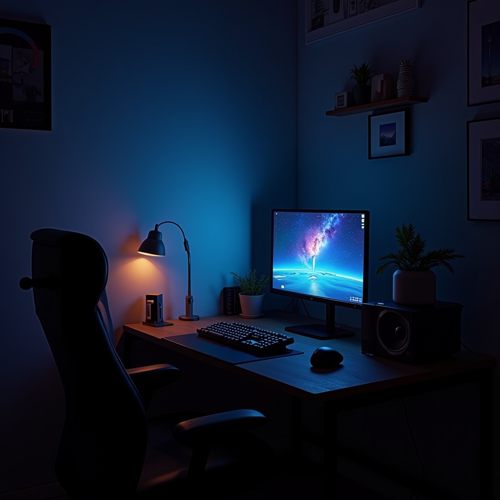 This image features a dimly lit room showcasing a modern home office setup. The focal point is a computer monitor displaying a vibrant cosmic-themed wallpaper. Surrounding the monitor are green plants, emphasizing a touch of nature in a tech environment. A desk lamp casts a warm glow onto the workspace, providing ambient lighting. An ergonomic chair complements the desk, making it an inviting spot for work or gaming.