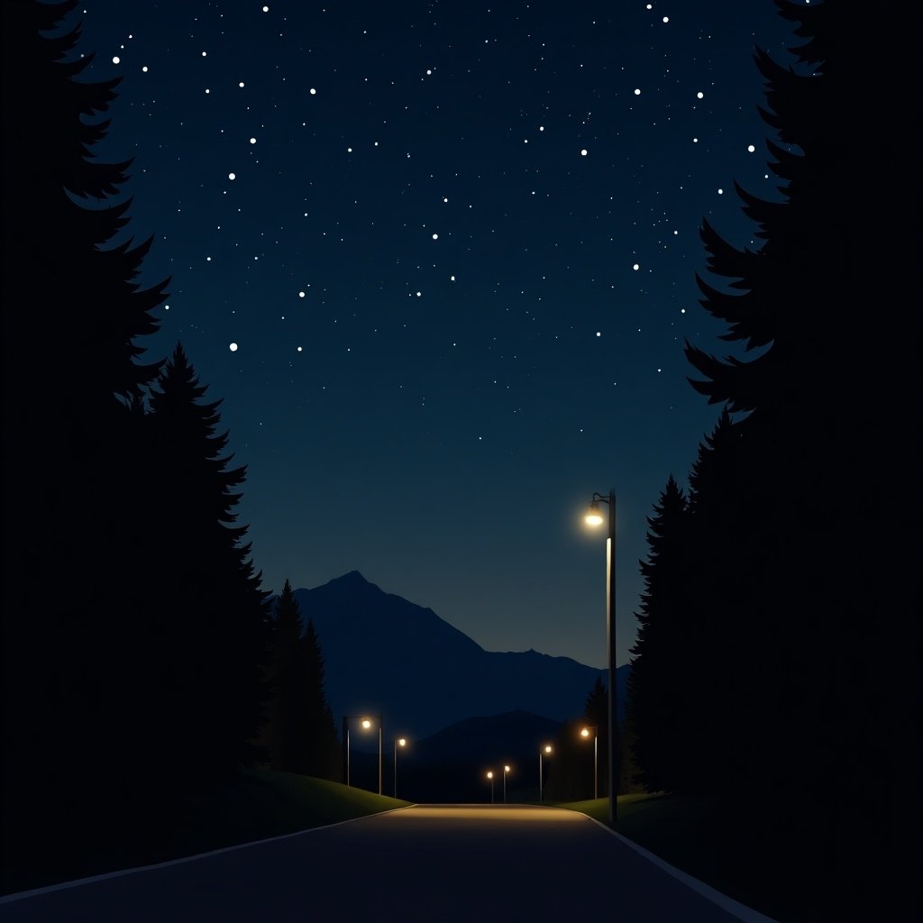 Night scene with a dark road lined by trees. Streetlights illuminate the road under a starry sky. Mountains in the background. Calm and serene atmosphere.