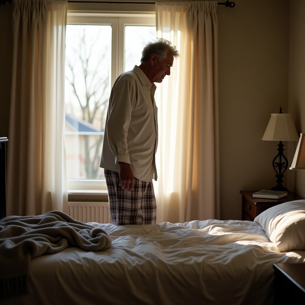 Old man getting out of bed. Morning light fills the room. Soft bedding is on the bed. Man has a thoughtful expression. He wears pajamas.