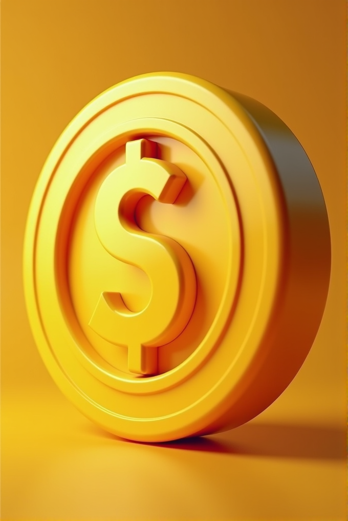 A vivid, three-dimensional golden coin with a prominent dollar sign on a gradient amber background.