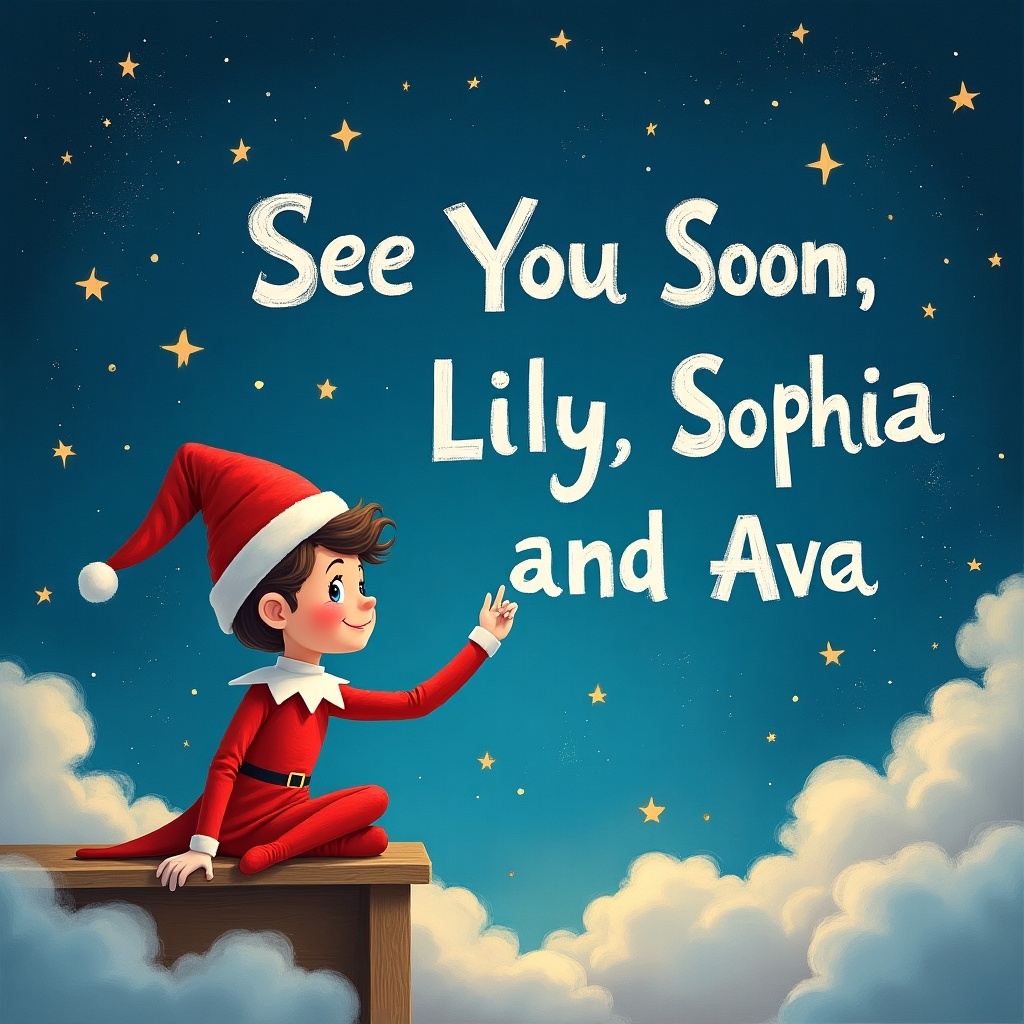 An adorable elf on the shelf is perched on a wooden ledge, dressed in a classic red outfit with a pointed hat. The elf is playfully pointing upwards towards the sky where the text 'See You Soon, Lily, Sophia and Ava' is written in fluffy white clouds. The background is a beautiful twilight blue with sparkling stars scattered across the sky, creating a magical atmosphere. The scene is cheerful and inviting, perfect for the holiday season. In this festive image, there's a sense of warmth and joy that brings the Christmas spirit to life.