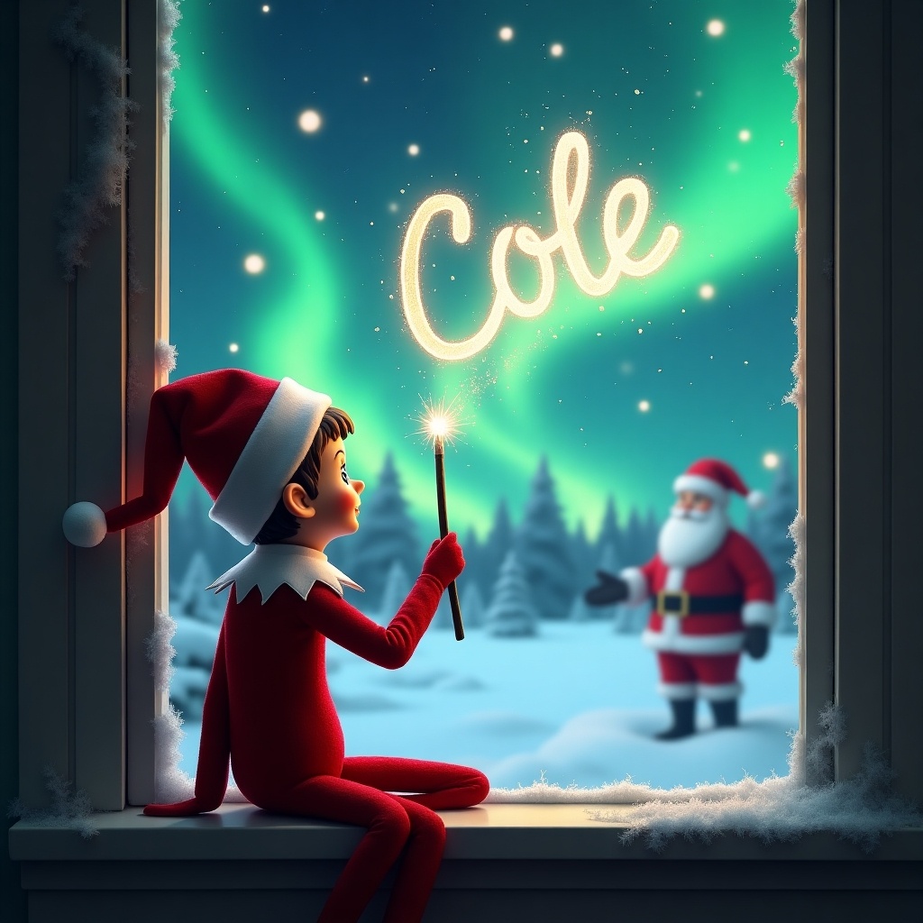 The image depicts an enchanting Christmas scene. An elf on the shelf sits on a windowsill, facing the outdoors. With a magical wand, the elf is writing the name 'Cole' in the sky. The background features a beautiful display of northern lights. Santa Claus is seen in the distance, adding to the holiday spirit.