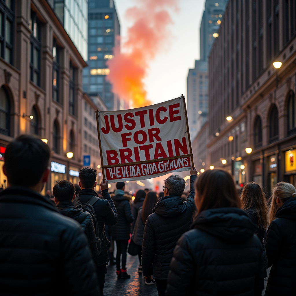 A group of people are holding a banner that reads 'Justice for Britain' in a city street filled with smoke from a flare.