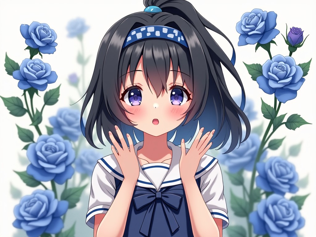 anime girl with blue roses background, wearing a school uniform, expressive and cute pose, digital art