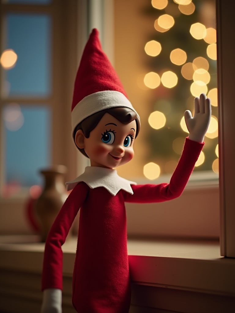 Elf waving farewell before departing to North Pole. Dressed in a red outfit with white details. Soft warm lighting highlights the scene. Cozy indoor setting with festive decorations visible through the window.