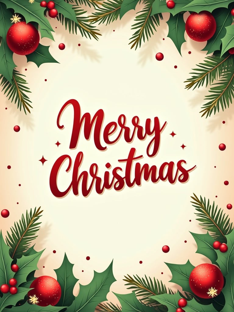 Design of a Christmas greeting with typography emphasizing the words Merry Christmas. Border decorated with holly leaves and red ornaments. Bright and cheerful colors. Warm festive atmosphere.