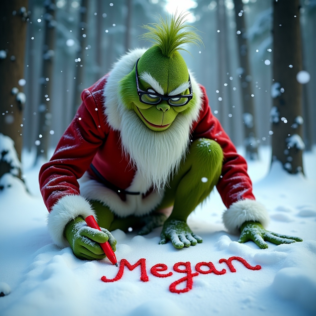 The Grinch kneels in snowy forest. He writes 'Megan' in the snow with a red marker. Snowflakes fall around creating a magical atmosphere. Long white beard and glasses add classic appeal. Heartwarming holiday image.