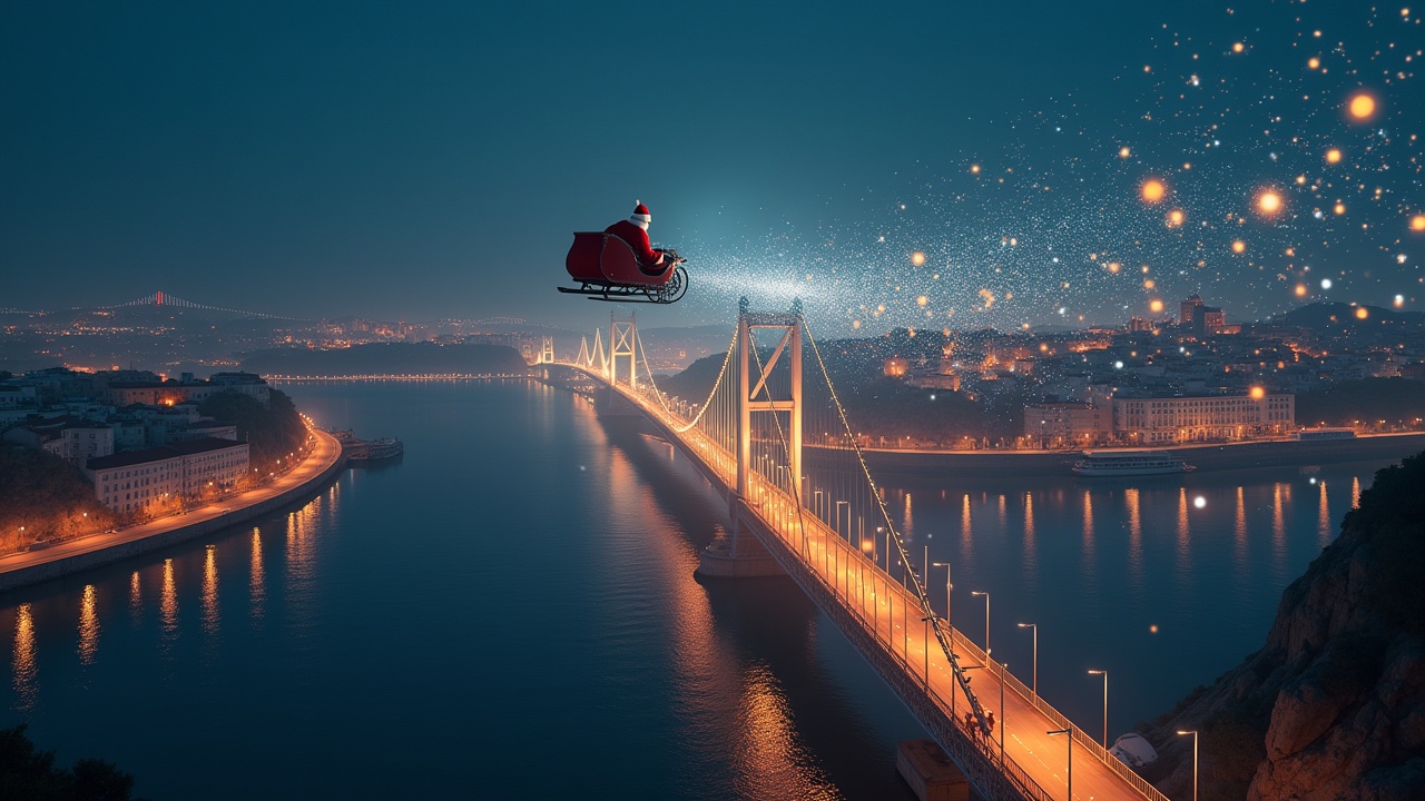 Aerial shot capturing Santa in a sleigh flying towards the camera. Scene includes Tagus Bridge in Lisbon. View from the river to the city, with magical sparkles transforming into BIM models of city landmarks. Ultrarealistic scene with vibrant colors.