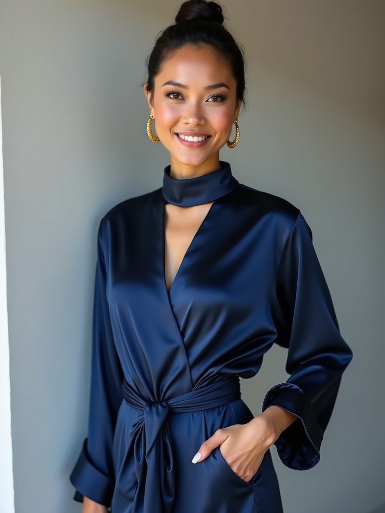 A lady stands confidently in a chic silk wrap top in deep blue. Hair styled in a sleek low bun. The top features a deep turtle neckline and long sleeves. She places one hand on her hip and smiles. In another shot, she stands with her back to the camera showing buttons. One arm drapes casually while the other rests on her waist. The silk shines under soft studio lighting with gold jewelry accents.