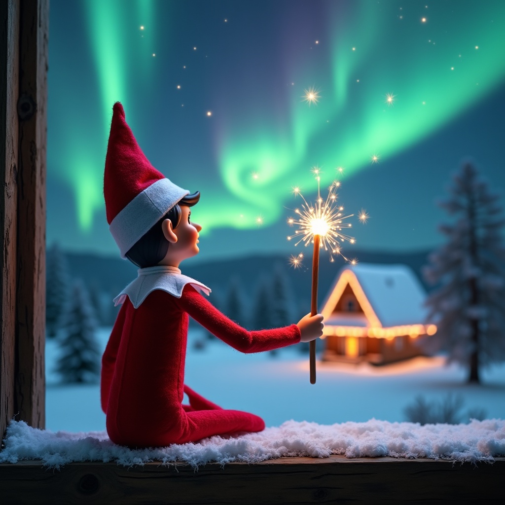 An elf gazes at northern lights while holding a glowing wand. Cozy house and snowy ground enhance the Christmas atmosphere. The names Josh, Enzo, and Laila appear from the wand.