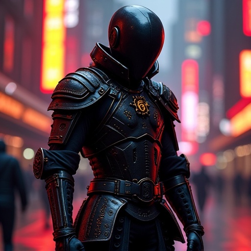 A stylish African American model wears extreme ninja samurai fashion. Attire looks luxurious with armor detailing. The scene is set in a futuristic environment with neon lights. The overall impact is high and edgy.
