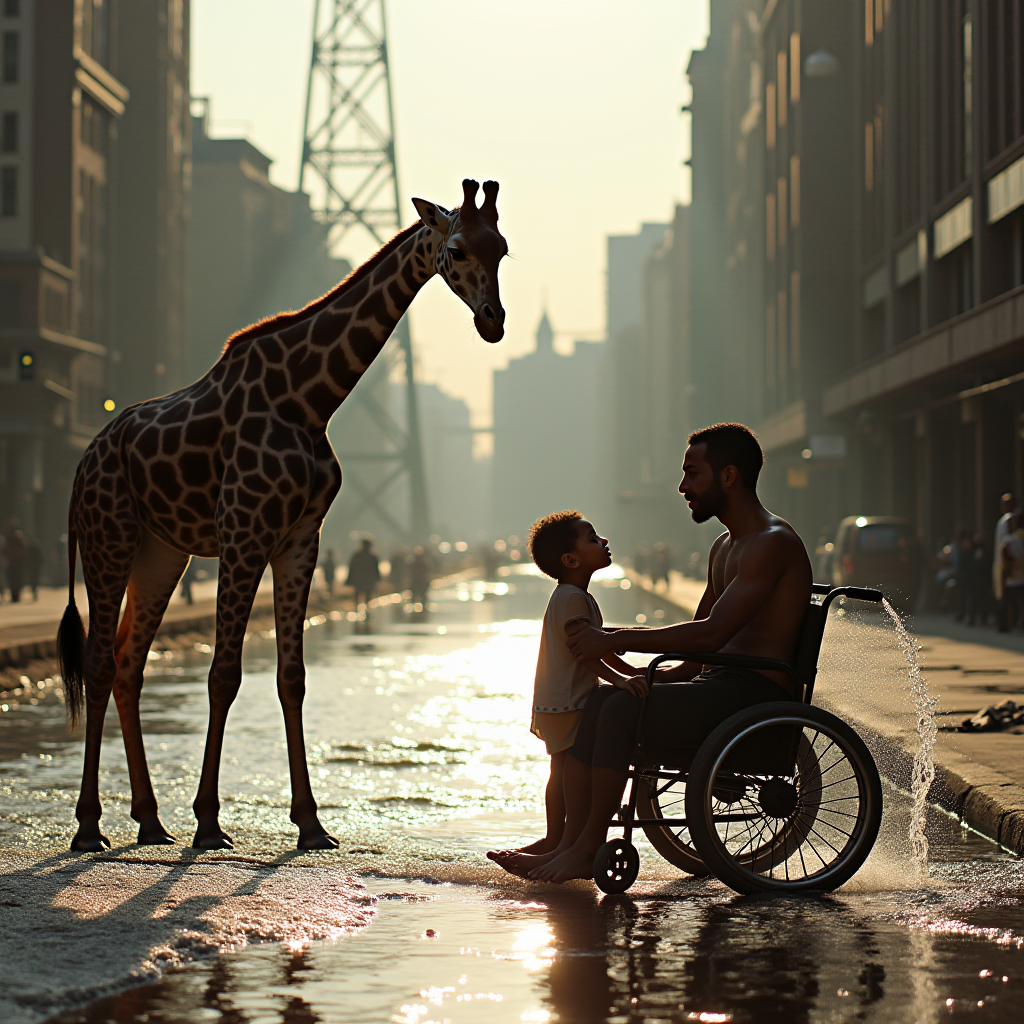 A giraffe stands near a man in a wheelchair and a child on a sunlit city street.