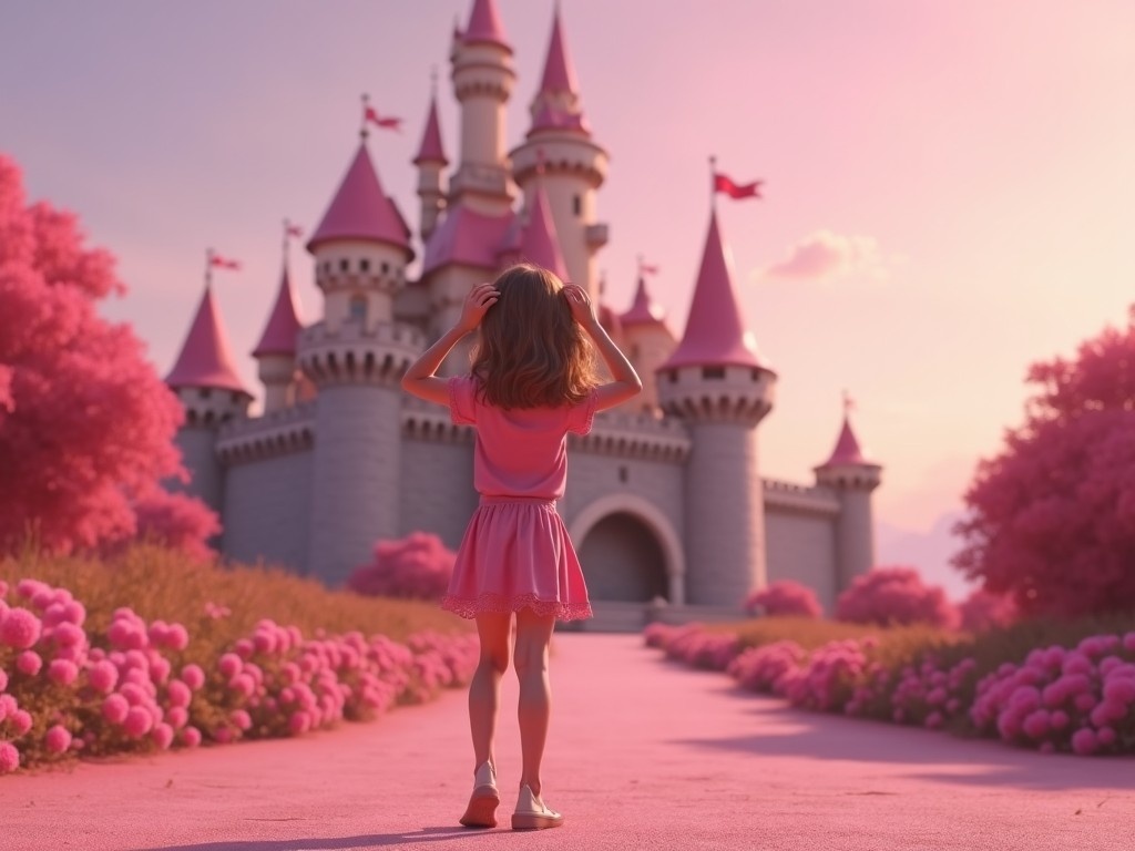 The image shows a girl with slender legs standing in front of a castle styled in a Pixar-like aesthetic. The scene is drenched in a pink hue, creating an enchanting atmosphere. The girl is wearing a pink dress and appears mesmerized by the beautiful castle. Surrounding her are vibrant pink flowers, adding to the dreamlike quality of the image. The lighting is soft and warm, enhancing the magical vibe of the scene.