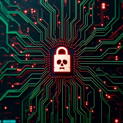 Circuit board design shows smooth lines with green signal flows and jagged lines with red pulse signals. Central Trojan area displays translucent danger symbols like a skull and lock. Background incorporates binary code and neural network nodes. Image reflects a dark cyberpunk style with neon highlights.