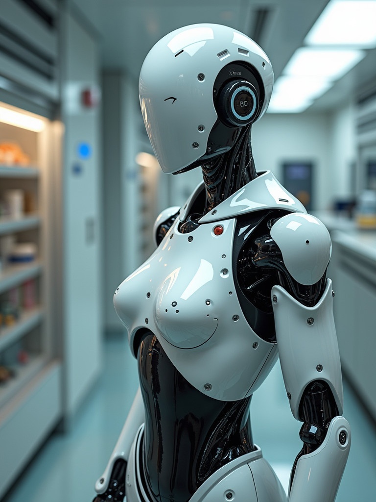 A humanoid robot stands in a futuristic laboratory. It has a sleek metallic design. The robot features advanced technology elements. Soft ambient lighting enhances the scene. Background tones are neutral.