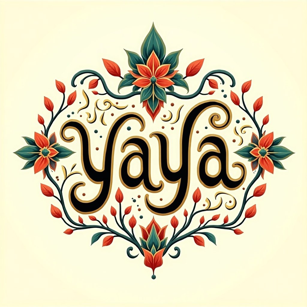 Elaborate calligraphy representation of the name Yaya. Intricate floral patterns and ornate details surround the text. Vibrant color palette features gold, turquoise, and coral. Background is soft ivory enhancing the art.