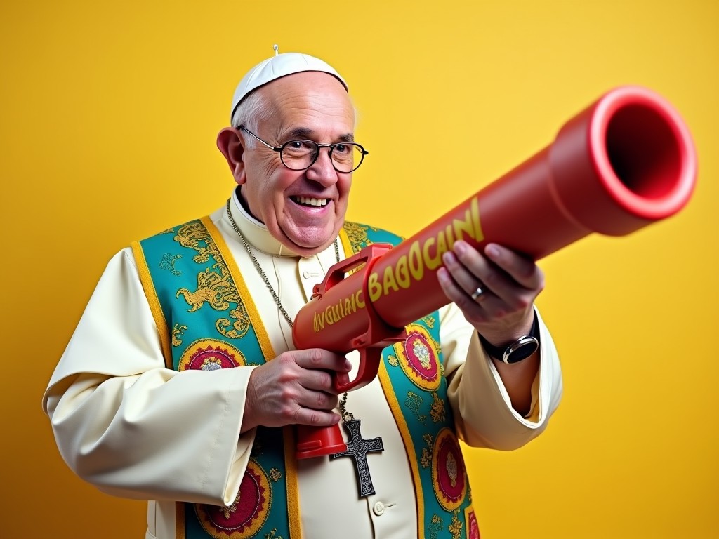 This image features a religious figure dressed in ornate vestments holding a colorful, oversized prop resembling a toy bazooka. The background is a bright yellow, adding to the playful and light-hearted theme. The figure's facial expression is cheerful, suggesting a fun and humorous context.