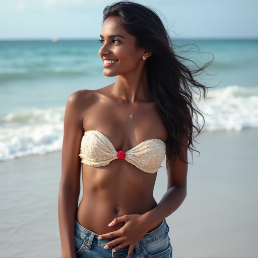 Beautiful Indian woman wearing a bandeau top and denim shorts at the beach. She has a thin figure and a bright smile. She poses with her hand on her pelvis against a backdrop of waves.