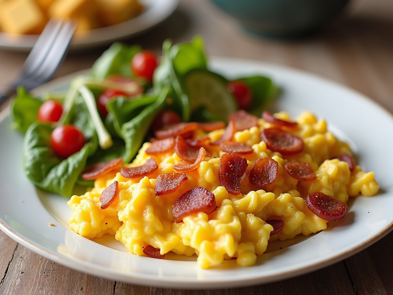 The image showcases a plate of scrambled eggs topped with crispy bacon and melted cheese, served alongside a fresh salad. The vibrant colors of the yellow eggs, red bacon, and green spinach create an appetizing appearance. This dish is ideal for a hearty breakfast or brunch. The plate is garnished with cherry tomatoes, adding freshness and a burst of flavor. Light reflects off the smooth surface of the eggs, enhancing its visual appeal.