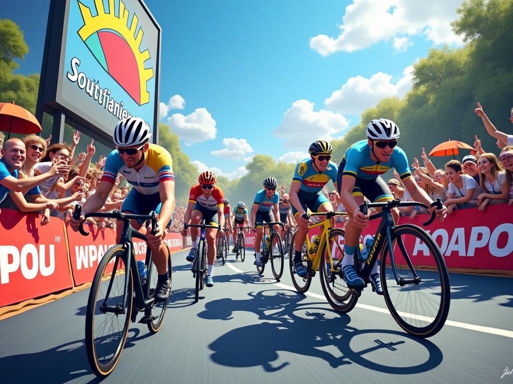 The image showcases an exciting moment from a cycling championship featuring cyclists in dynamic positions, racing fiercely. The background is filled with enthusiastic spectators cheering under bright sunny weather. Vibrant advertising banners line the route, promoting various brands. Athletes are wearing colorful jerseys, and their facial expressions reflect determination and focus. The angle captures both the cyclists and the cheering crowd, creating a sense of energy and movement in the event.