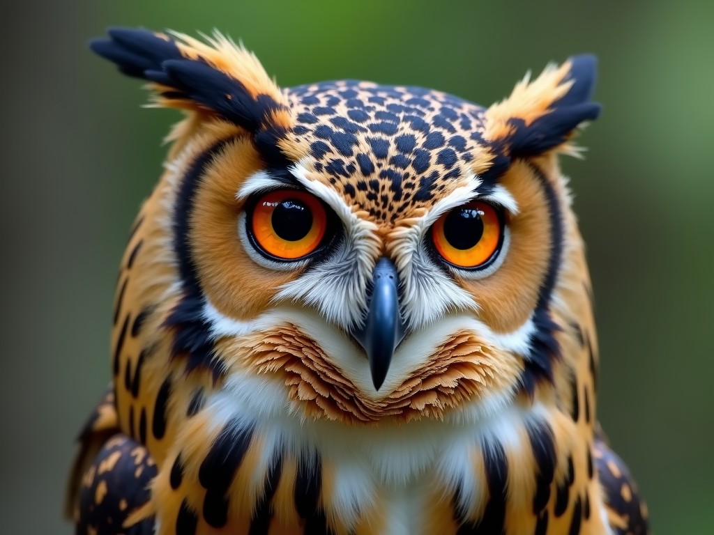 A close-up portrait of a beautifully detailed owl with striking bright orange eyes and a spotted pattern on its feathers. The background is blurred, emphasizing the owl's sharp, intense gaze.