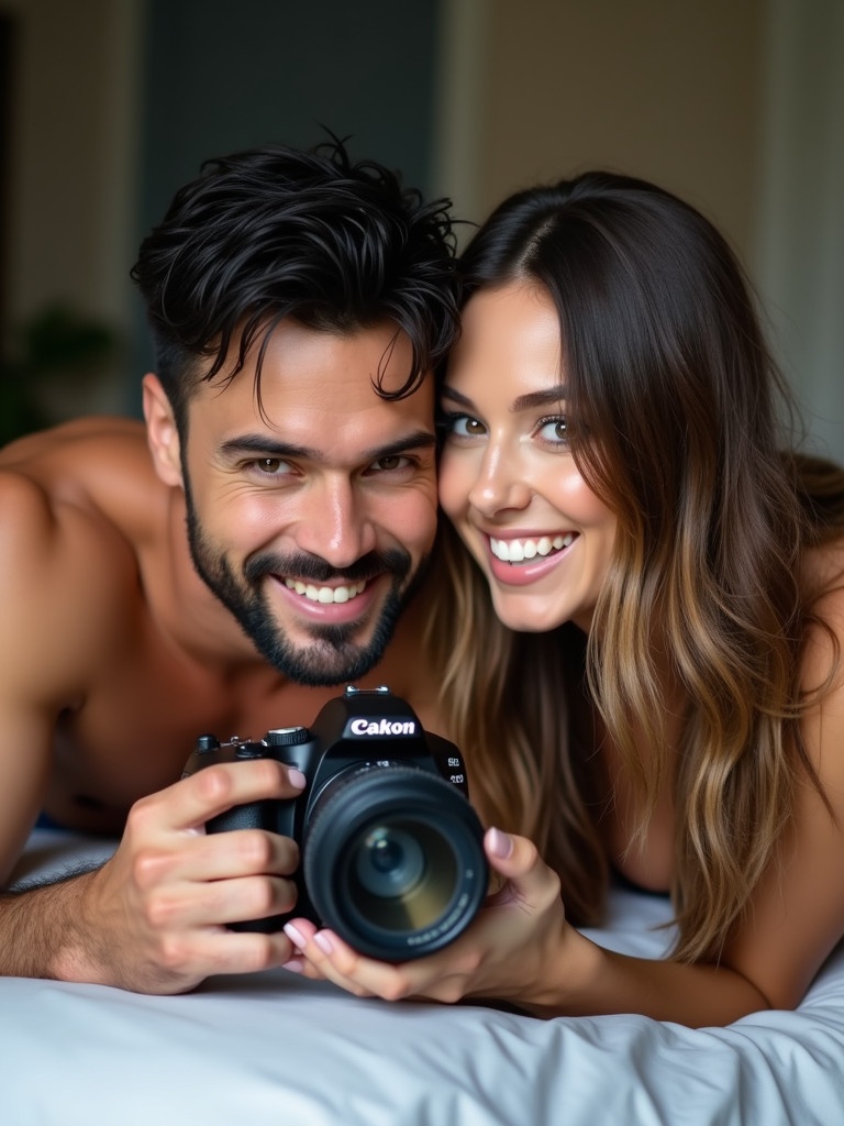 A couple lies closely on a bed. They smile affectionately while holding a camera. The scene captures their close bond and joy. The man has black short wet messy hair and a well-defined beard. The woman has long straight brownish-blonde hair and striking hazel-blue eyes. Together, they embody a passionate moment.