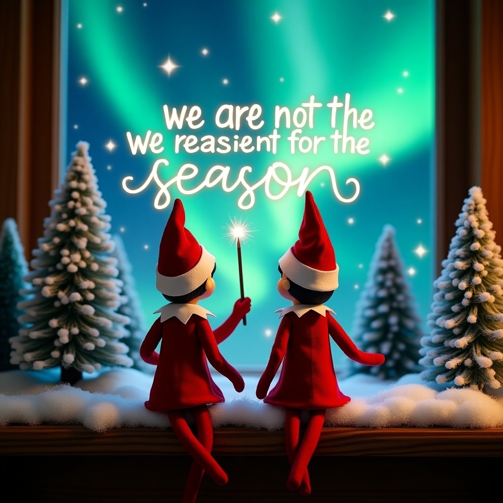 Enchanting Christmas scene with two elves on the shelf. Elves have backs to viewer. Dressed in red and white. Each holds a magic wand. Vibrant northern lights in background. Surrounded by snow-covered trees. Reflects joy of holiday season.