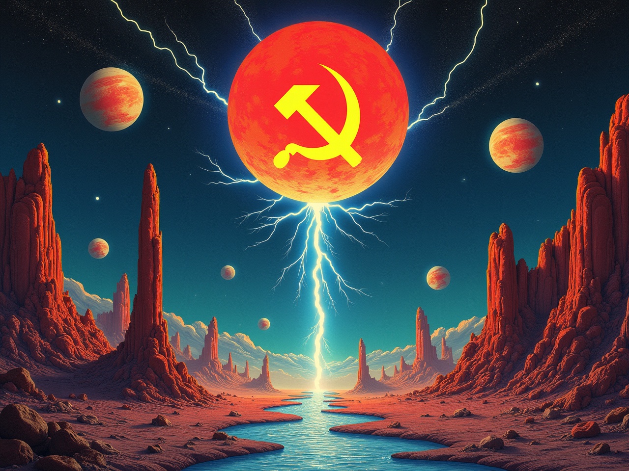 This artwork is designed as an album cover, capturing the essence of a space rock theme. It features a striking Soviet symbol, illuminated by vivid lightning, hovering above an otherworldly landscape reminiscent of the pillars of creation. The environment is filled with alien formations, rivers, and celestial bodies including various planets and moons. The bright red sun contrasts with the dark, rocky terrain, creating a dramatic effect that draws the viewer in. The piece evokes feelings of both wonder and trepidation, hinting at a narrative of exploration in a mysterious universe.