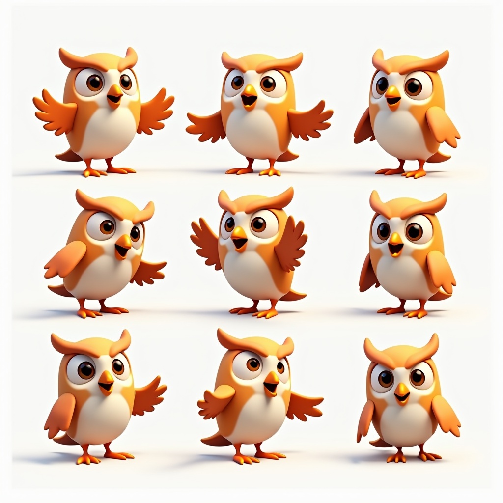 3D cute owl character design. Suitable for children's media contexts. Bright colors promote engagement. Depicts various emotions through poses. Joy, sadness, anger, excitement, curiosity.