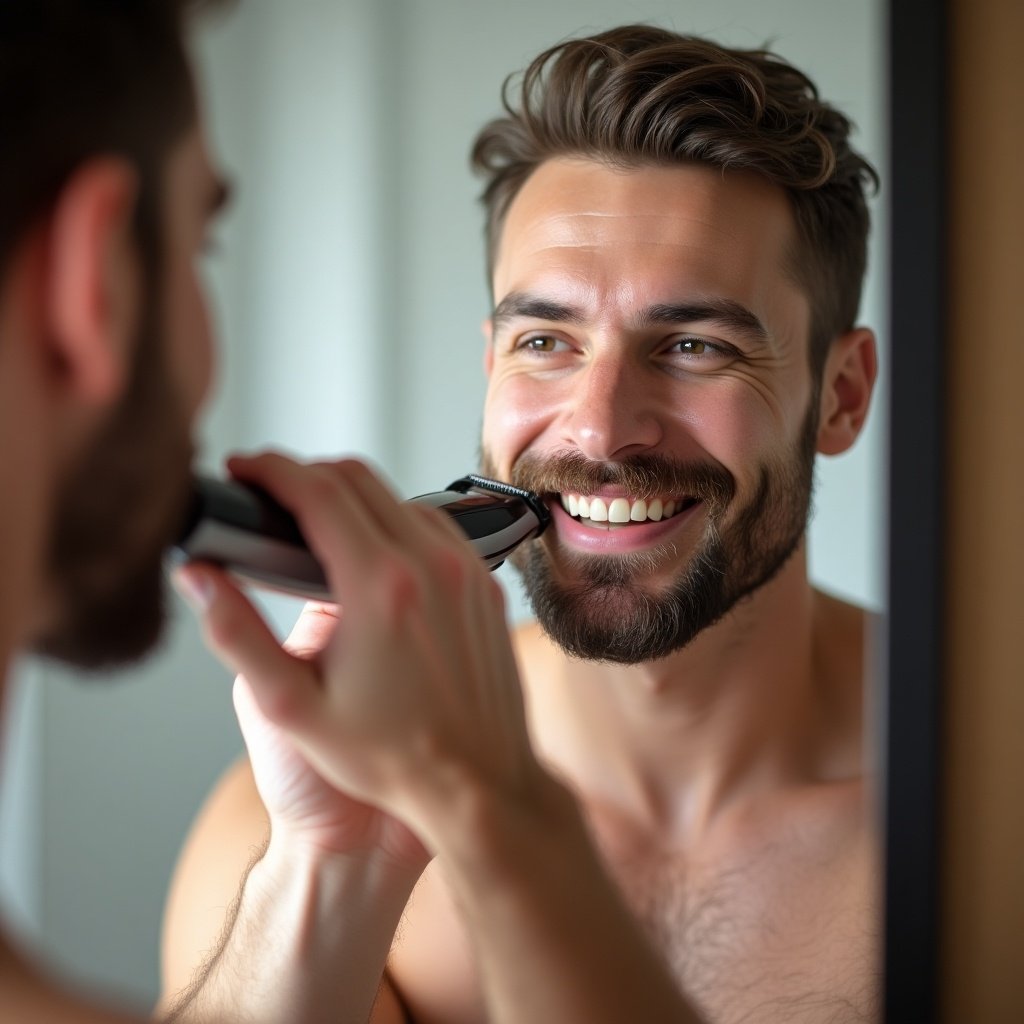 A man smiles in the mirror while trimming his beard with an electric clipper.