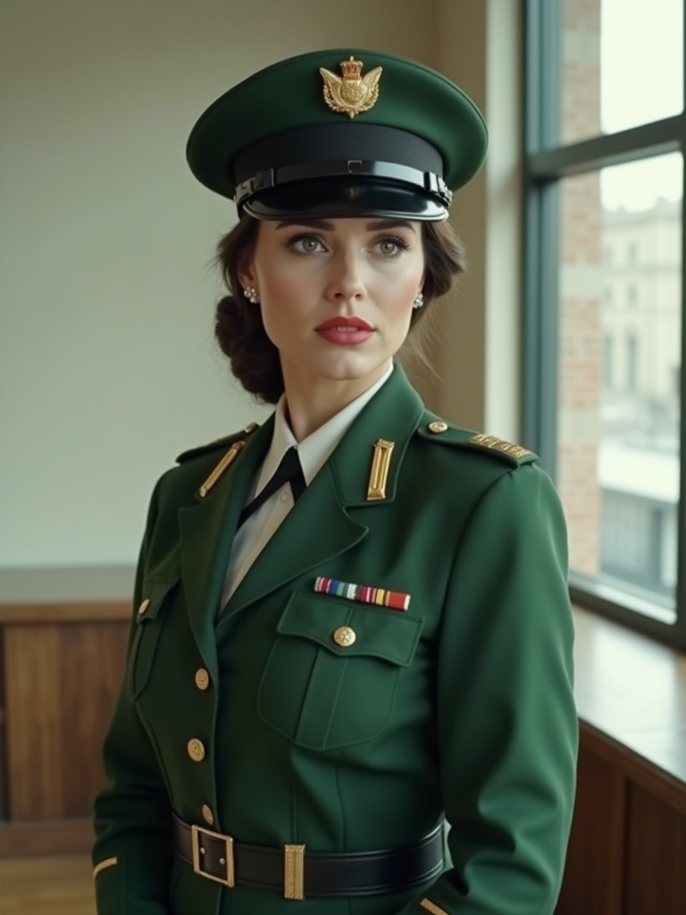 A woman stands in a green military-style uniform with a cap indoors. The setting includes a window that adds natural light. The image captures a blend of authority and style.