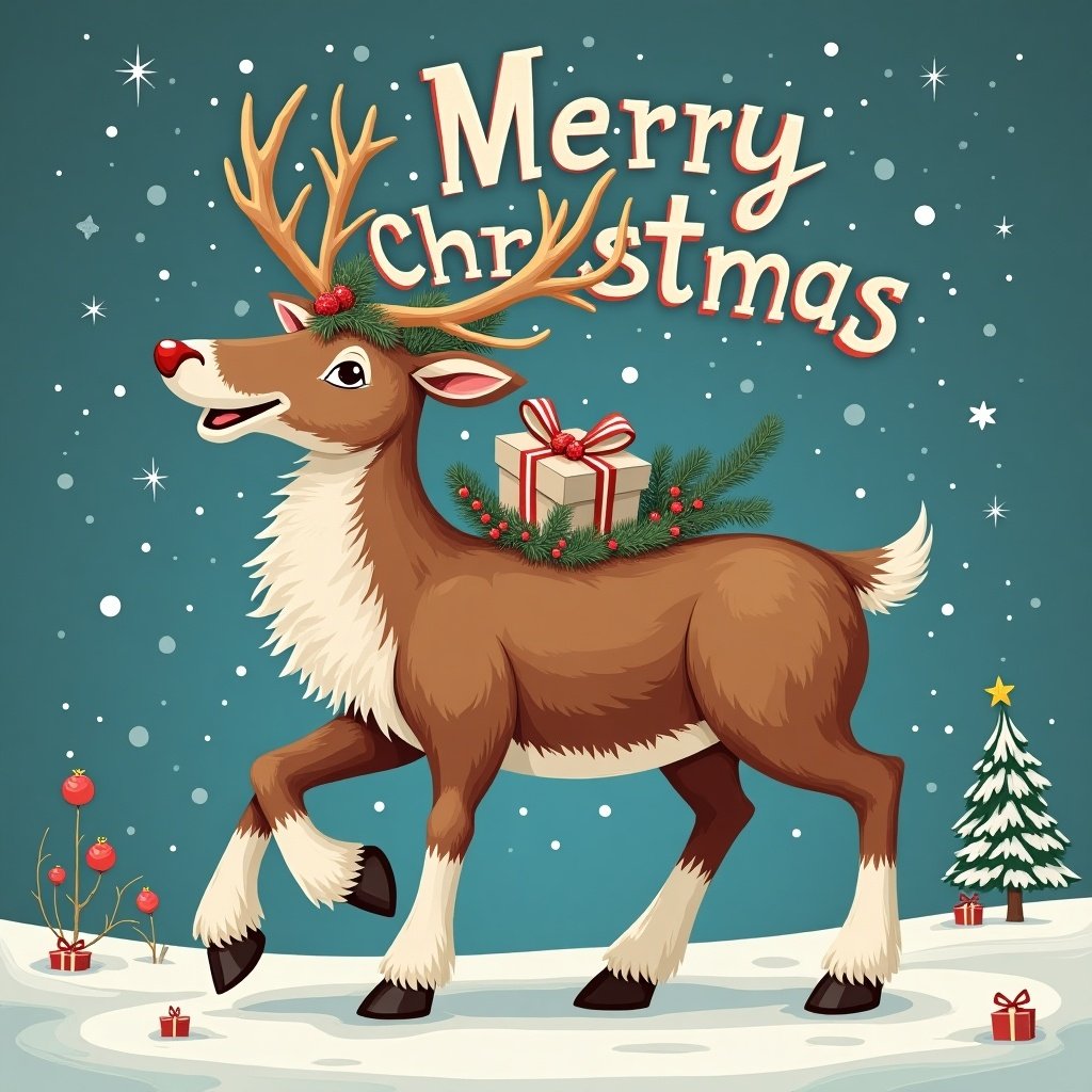 Huge reindeer with big hooves and furry white legs. Reindeer has antlers and carries Christmas gifts. Words Merry Christmas above. Surrounded by Christmas decorations.