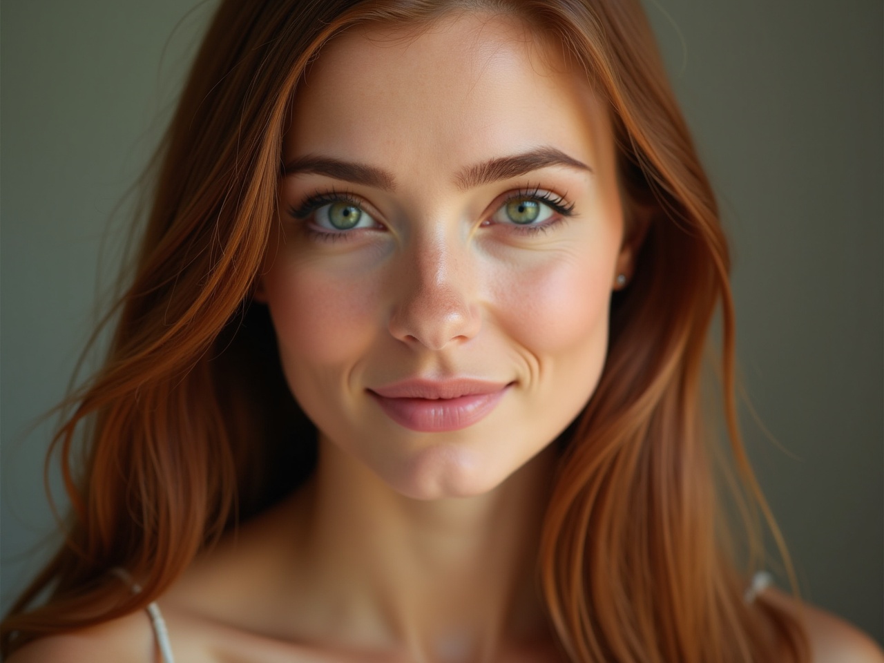 A woman with striking green eyes and full lips softly smiles. Her long, straight auburn hair flows gently around her shoulders. The lighting is soft and natural, highlighting her features beautifully. She exudes a sense of warmth and approachability. The background is neutral, emphasizing her captivating gaze and radiant smile.